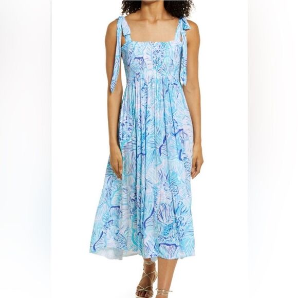 Lilly Pulitzer Rivera Smocked Sundress Midi with adjustable shoulder straps L - Picture 1 of 8